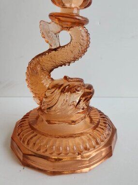 Vintage Pink Glass Candlesticks Koi Fish Design Collectible Rare